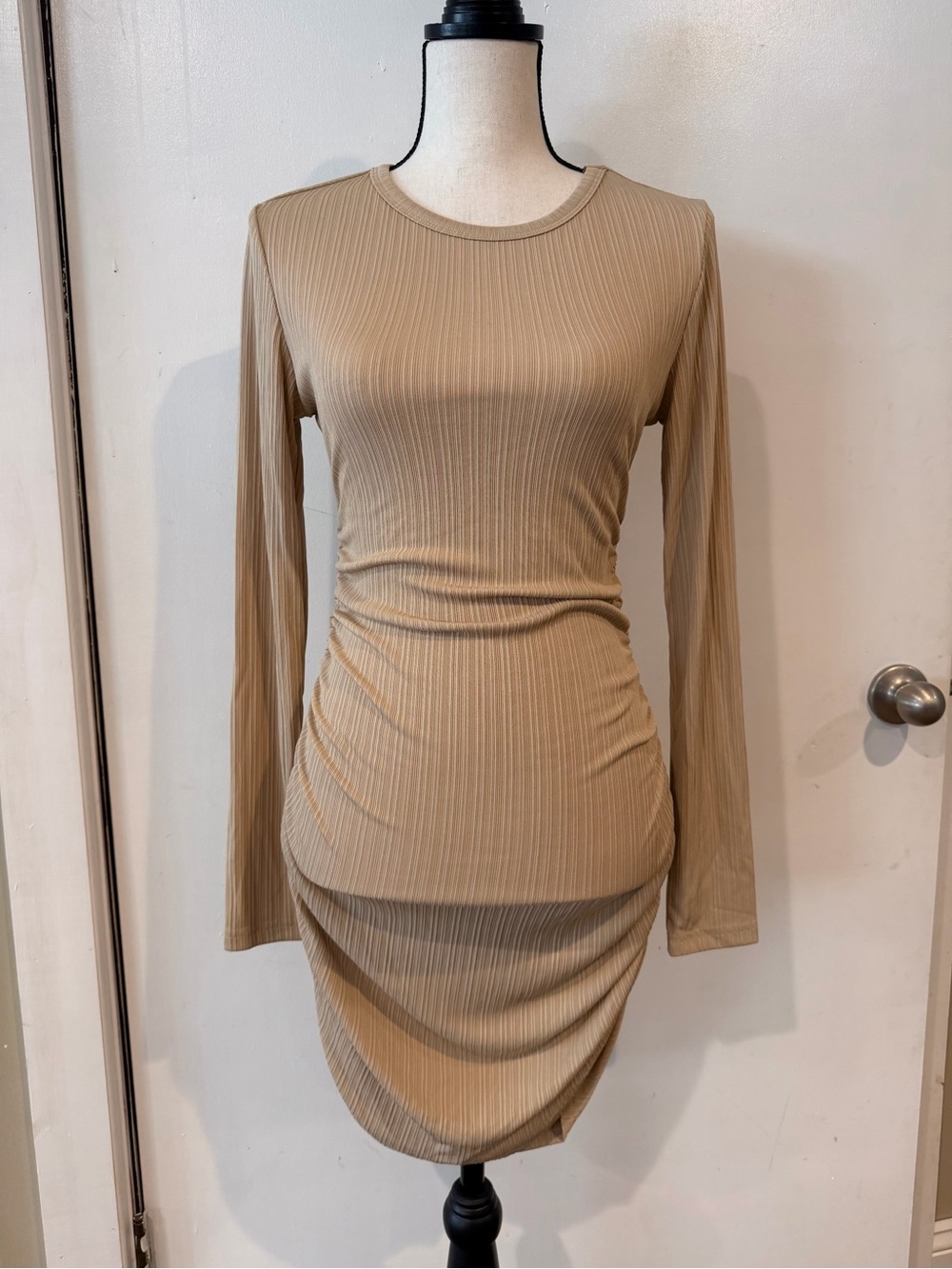 NWT Cider Long Sleeve Ruched Ribbed Bodycon Dress - Beige